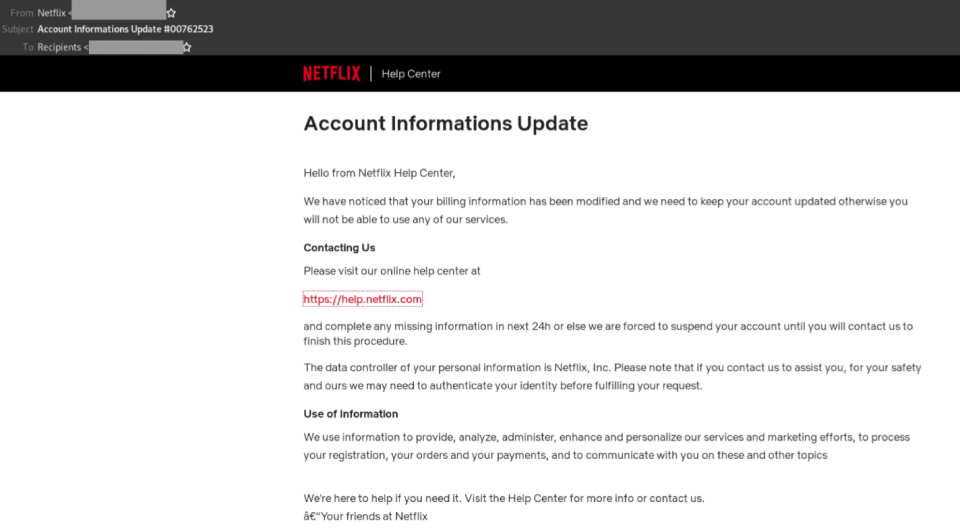 Netflix scam email