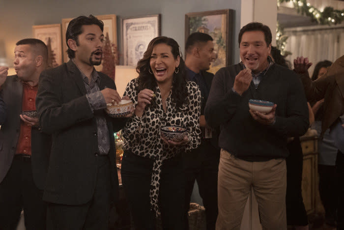 Description: Pictured (L-R): Mark Indelicato (Jorge Diaz Jr.), Constance Marie (Beatriz Diaz), Benito Martinez (Jorge Diaz Sr.)