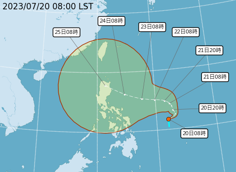 熱帶性低氣壓TD06最快將在明(21)天清晨生成今年第5號颱風「杜蘇芮」。   圖：取自中央氣象局網站