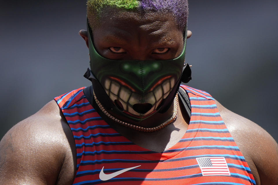 Raven Saunders, of United States, reacts during the woman's shot put final at the 2020 Summer Olympics, Sunday, Aug. 1, 2021, in Tokyo. (AP Photo/Martin Meissner)