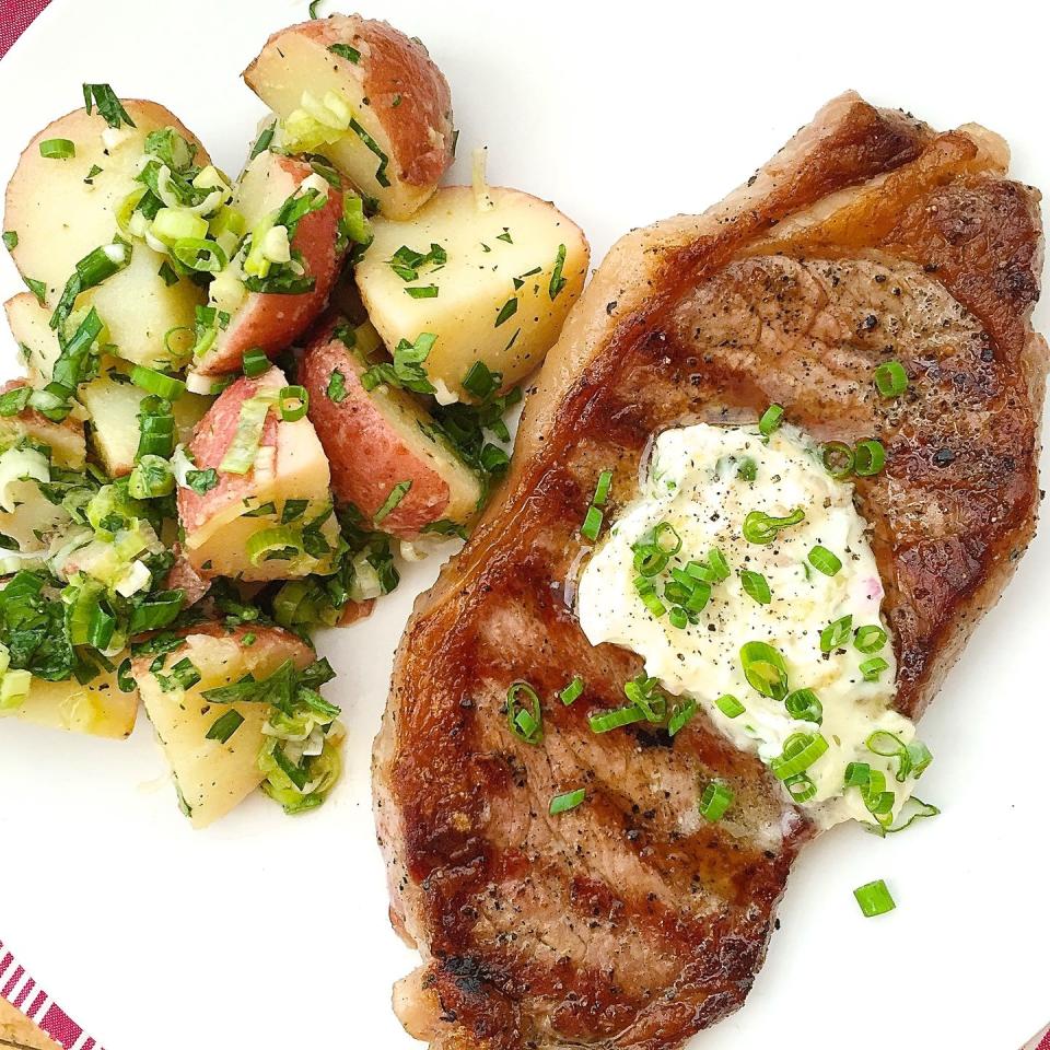 Grilled Steaks with Garlic Chive Butter and French-Style Potato Salad