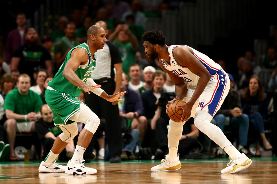 Joel Embiid of the Philadelphia 76ers drives the ball against Al Horford of the Boston Celtics during the first quarter in Game 7 of the Eastern Conference semifinals at TD Garden on May 14, 2023 in Boston.  (Photo by Adam Klansman/Getty Images)