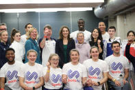 LONDON, ENGLAND - FEBRUARY 26: Catherine, Duchess of Cambridge (C) poses for a photograph with young athletes and staff during a SportsAid Stars event at the London Stadium in Stratford on February 26, 2020 in London, England. (Photo by Yui Mok - WPA Pool/Getty Images)