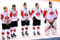 <p>Players from Team Canada react after being defeated by Team United States 3-2 in the overtime penalty-shot shootout during the Women’s Gold Medal Game on day thirteen of the PyeongChang 2018 Winter Olympic Games at Gangneung Hockey Centre on February 22, 2018 in Gangneung, South Korea. (Photo by Harry How/Getty Images) </p>