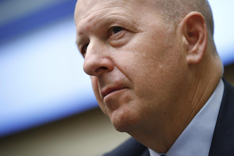 Goldman Sachs chairman and CEO David Solomon testifies before the House Financial Services Commitee during a hearing, Wednesday, April 10, 2019, on Capitol Hill in Washington. (AP Photo/Patrick Semansky)