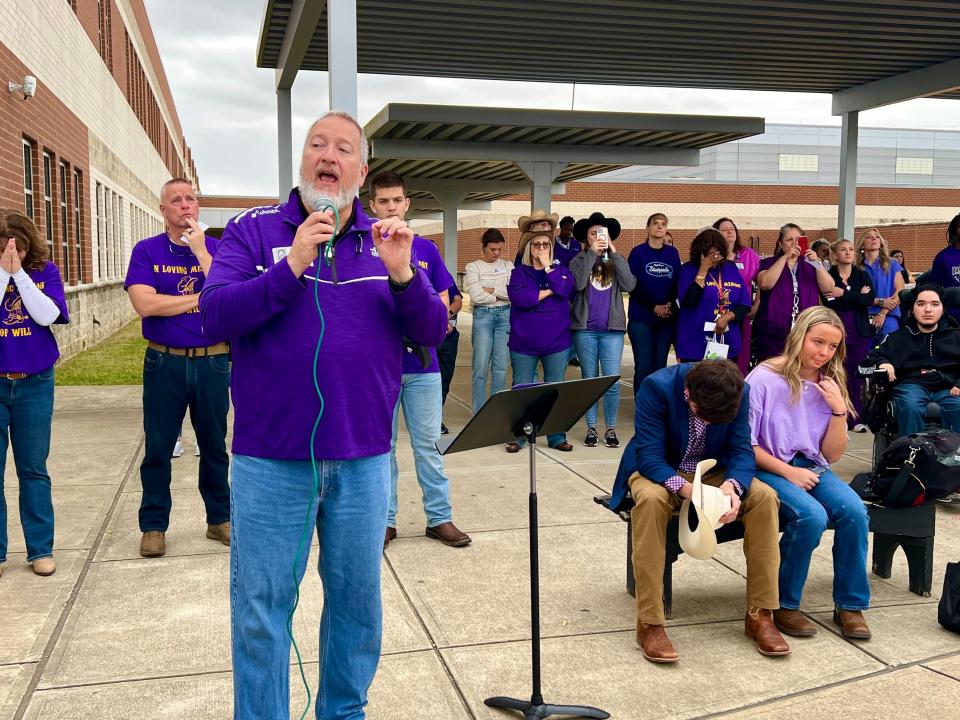 Kirk Shepard of the Fellowship of Christian Athletes speaks at Central High School during a balloon release honoring the life of Will Spiess on Friday, Nov. 17, 2023.