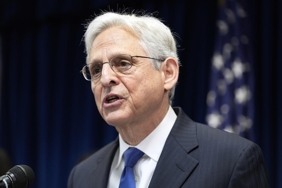 Attorney General Merrick Garland talks about a Department of Justice report that found the Minneapolis Police Department has engaged in a pattern or practice of discrimination during a news conference, Friday, June 16, 2023, in Minneapolis. The two-year probe found that Minneapolis officers used excessive force, including “unjustified deadly force,” and violated the rights of people engaged in constitutionally protected speech. (AP Photo/Abbie Parr)