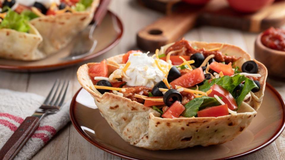 taco salad in homemade tortilla bowl