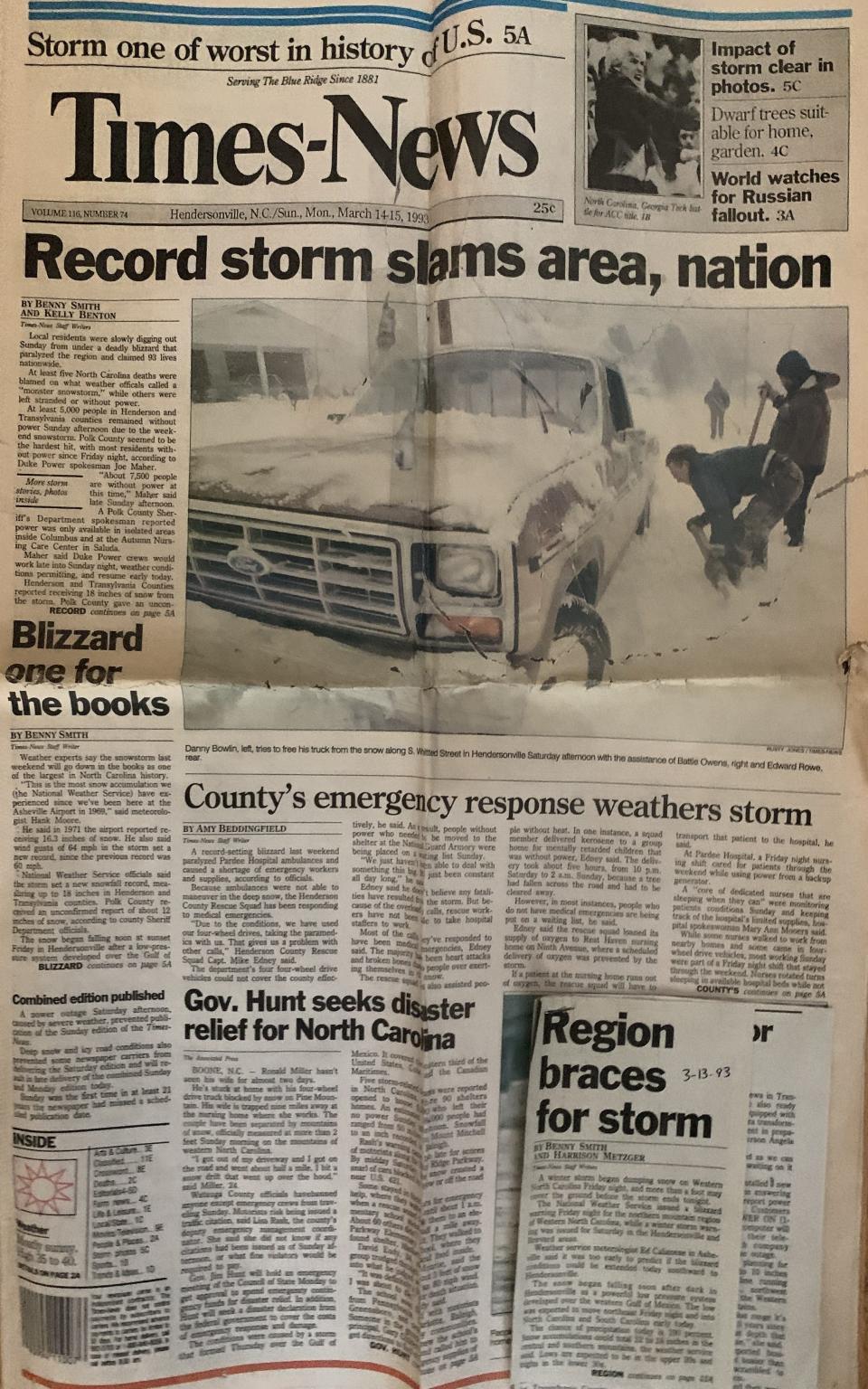 This was the front page of the Hendersonville Times-News dated March 14-15, 1993. It was the first two-day combined edition.