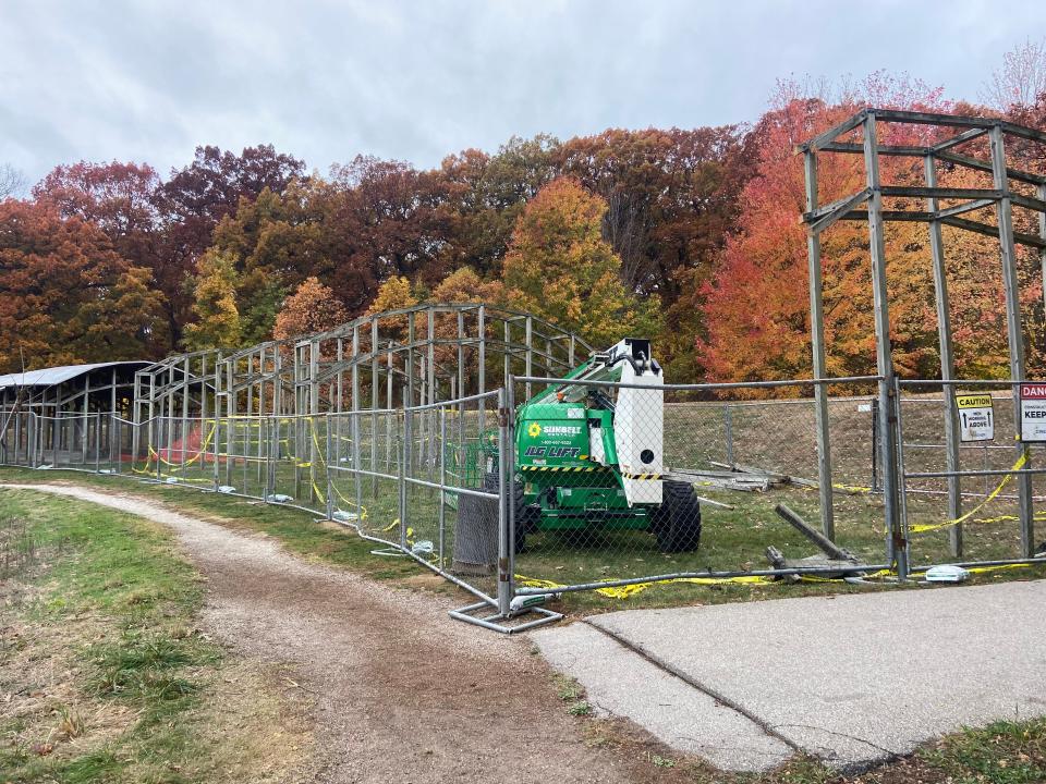 "Greenwood Pond: Double Site" in Greenwood Park is pictured on Oct. 25, 2023. The art installation underwent a structural review in October and will be removed from Greenwood Park, Des Moines, later this year.