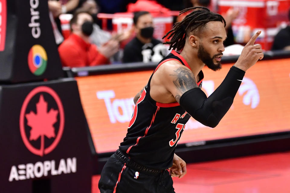 TAMPA, FLORIDA - APRIL 18: Gary Trent Jr. #33 of the Toronto Raptors reacts during the second quarter against the Oklahoma City Thunder at Amalie Arena on April 18, 2021 in Tampa, Florida. NOTE TO USER: User expressly acknowledges and agrees that, by downloading and or using this photograph, User is consenting to the terms and conditions of the Getty Images License Agreement. (Photo by Douglas P. DeFelice/Getty Images)