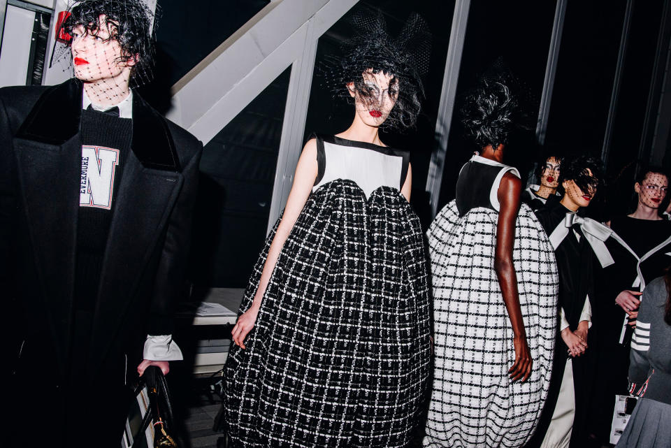Backstage at the Thom Browne fall 2024 ready-to-wear show at New York Fashion Week.