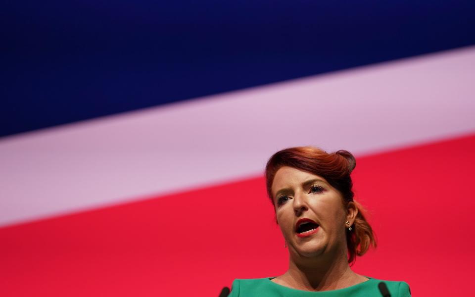 Louise Haigh, the shadow transport secretary, addresses the Labour Party conference in Liverpool this morning  - Ian Forsyth/Getty Images Europe