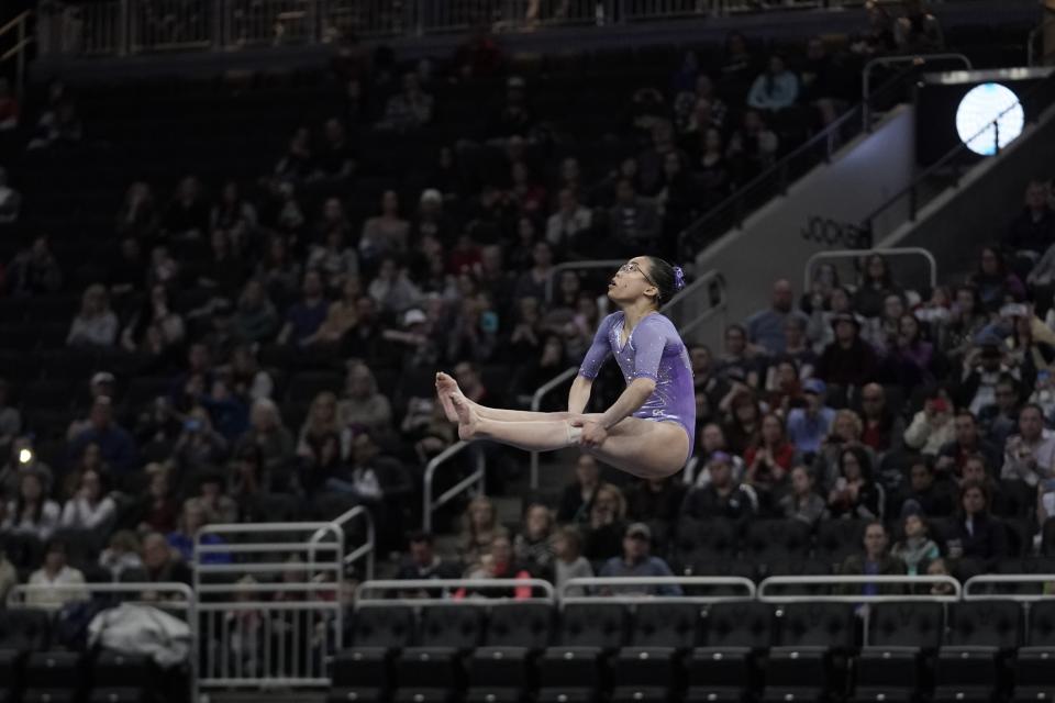 Morgan Hurd of the United States performs on the floor during the America Cup gymnastics competition Saturday, March 7, 2020, in Milwaukee. (AP Photo/Morry Gash)