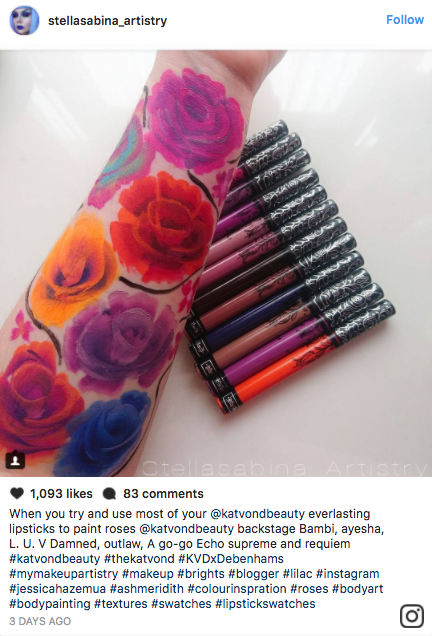 One makeup artist created a garden of flowers instead of a standard rectangular Kat Von D Everlasting Liquid Lipstick swatch.
