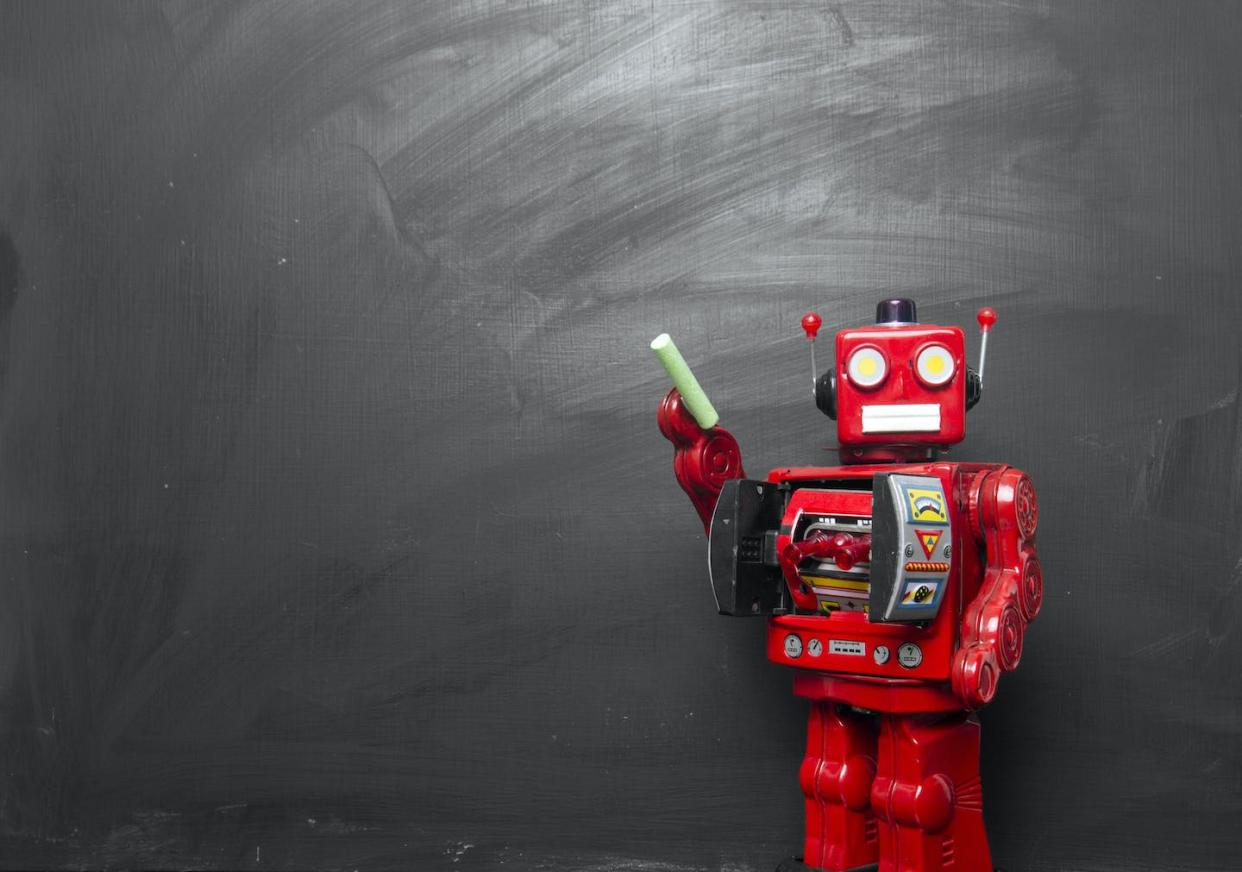 Large language model AI responds to questions but doesn't actually know anything and is prone to making things up. <a href="https://www.gettyimages.com/detail/photo/big-red-robot-toy-teaches-his-class-royalty-free-image/915921044" rel="nofollow noopener" target="_blank" data-ylk="slk:Charles Taylor/iStock via Getty Images;elm:context_link;itc:0;sec:content-canvas" class="link ">Charles Taylor/iStock via Getty Images</a>