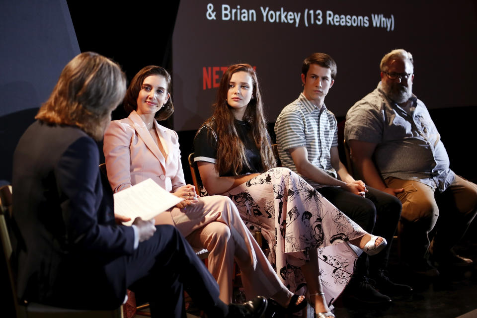 Alison Brie (GLOW), Katherine Langford, Dylan Minnette, and Brian Yorkey (13 Reasons Why) on the Returning Series panel during Netflix ‘See What’s Next’ event at Villa Miani on April 18, 2018 in Rome, Italy.