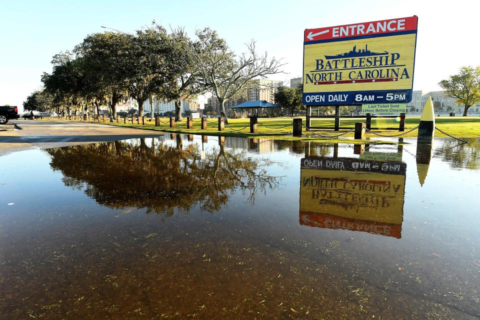 Flooding around the parking lot of the Battleship North Carolina on Oct. 13, 2023.