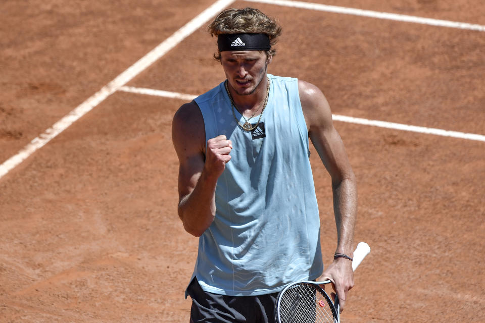 Seen here, Germany's Alexander Zverev reacting during a victory at the Italian Open.