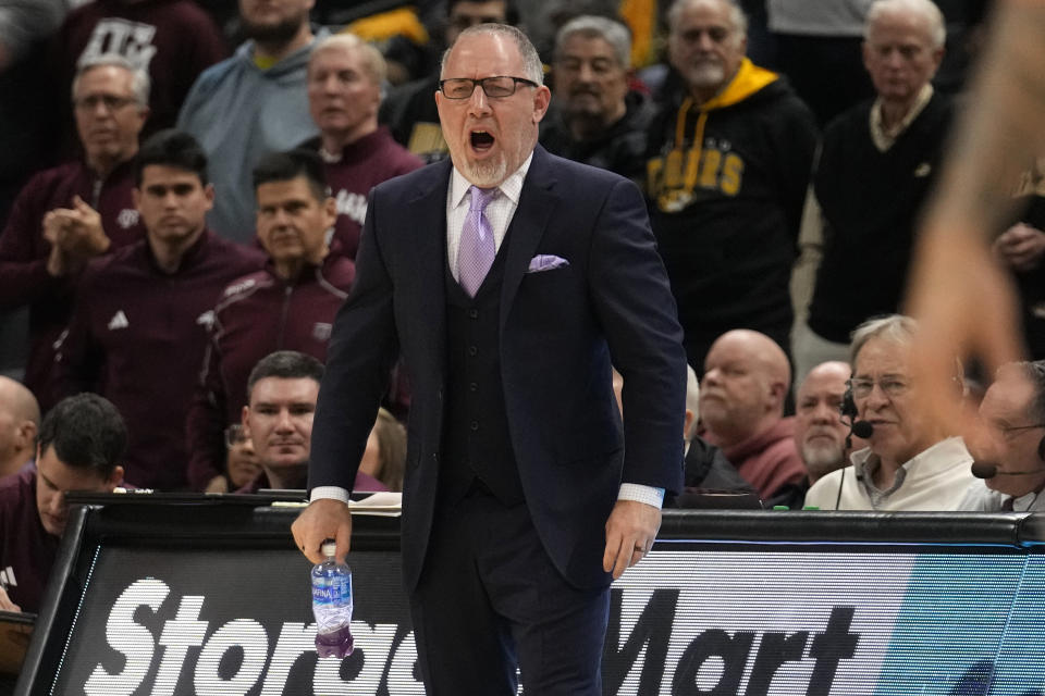 Texas A&M head coach Buzz Williams is seen on the sidelines during the first half of an NCAA college basketball game against Missouri Wednesday, Feb. 7, 2024, in Columbia, Mo. (AP Photo/Jeff Roberson)