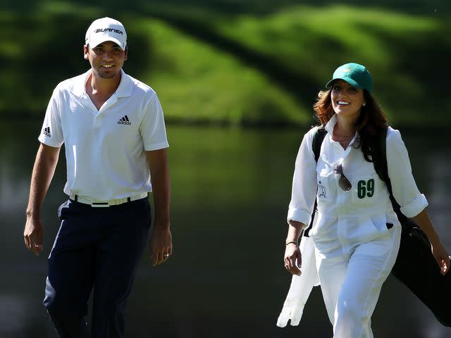 <p>Andrew Redington/Getty</p> Jason Day and Ellie Day during the Par 3 Contest prior to the 2011 Masters Tournament at Augusta National Golf Club on April 6, 2011.