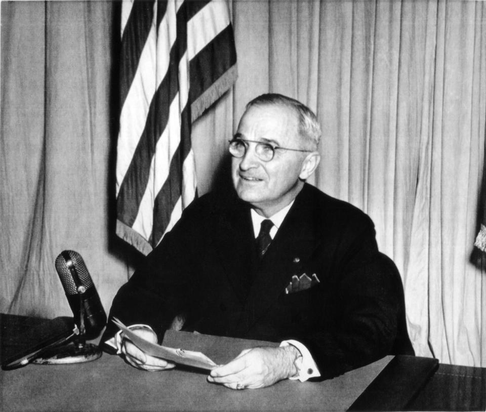 President Harry S. Truman announcing the Allied defeat of German forces on all fronts in 1945. (Photo: AP)