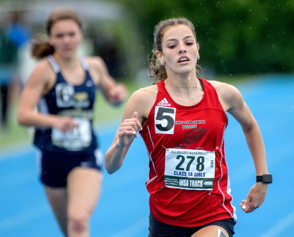 Henry-Senachwine's Nakeita Kessling tears down the track to victory in the 400-meter dash during the Class 1A State Track and Field Championshops on Saturday, May 21, 2022 at Eastern Illinois University.