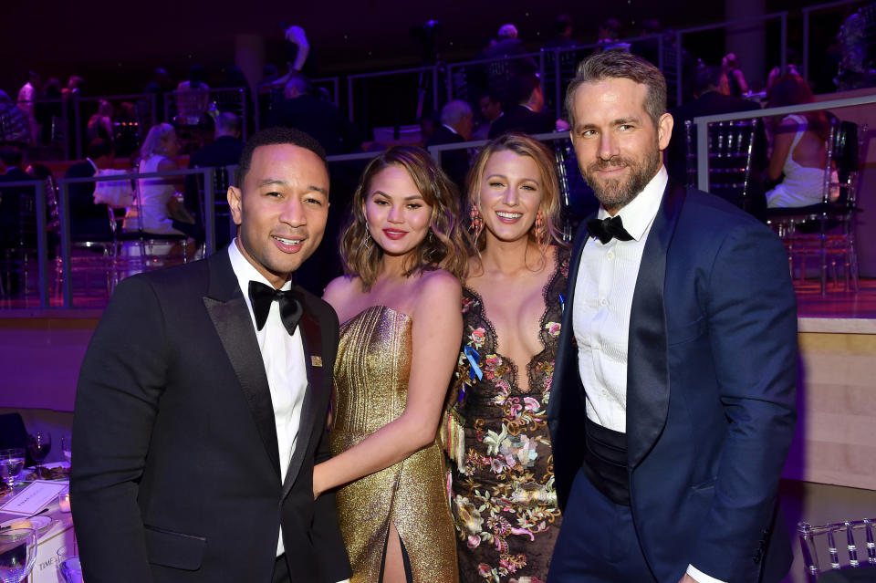 John Legend, Chrissy Teigen, Blake Lively, and Ryan Reynolds posing together