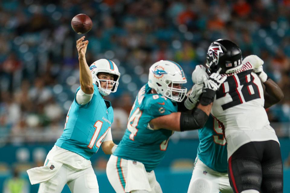 Miami Dolphins quarterback Mike White (14) throws a pass against the Atlanta Falcons in the third quarter of a preseason game August 9, 2024, at Hard Rock Stadium in Miami Gardens, Florida. Mandatory Credit: Nathan Ray Seebeck-USA TODAY Sports