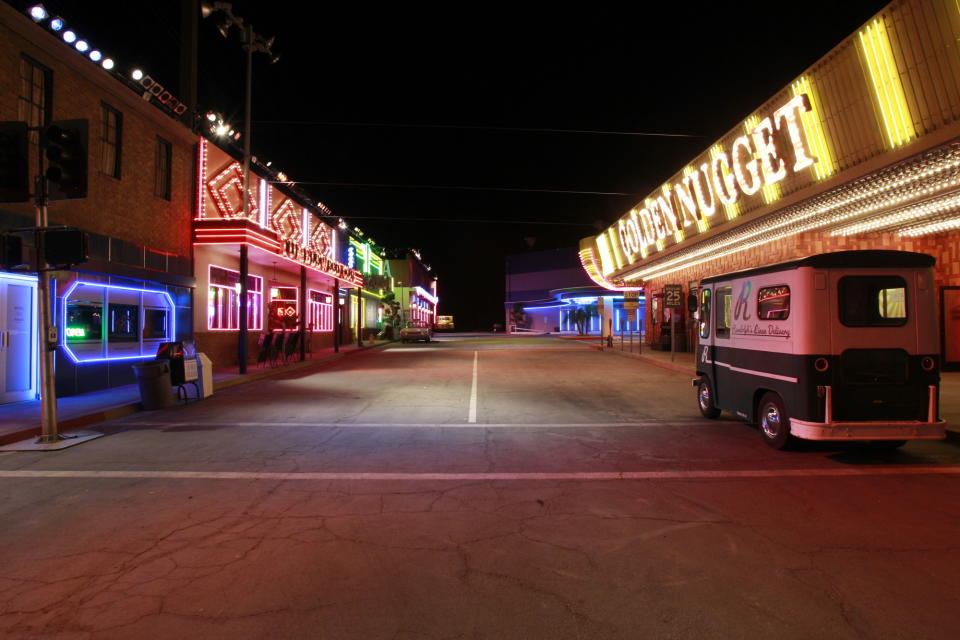 This undated image released by CBS shows the 1960s-era Vegas strip set of "Vegas," a new series starring Dennis Quaid and Michael Chiklis, premiering Tuesday, Sept. 25, at 10 p.m. ET/PT. (AP Photo/CBS, Robert Voets)