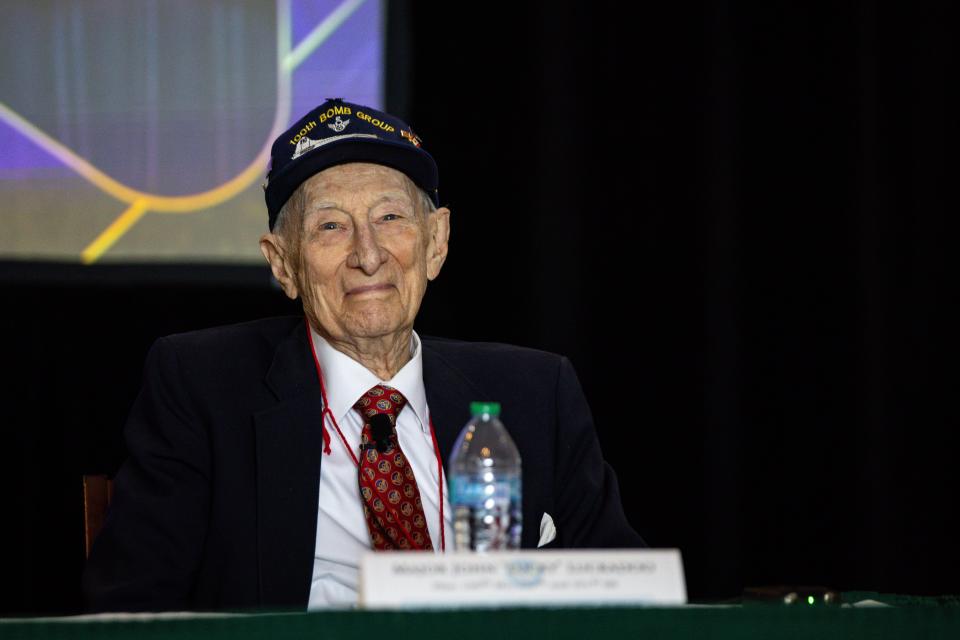 Maj. John "Lucky" Luckadoo smiles at the audience during the WWII Eighth Air Force Veterans Panel at The National Museum of the Mighty Eighth Air Force Museum on Sunday, May 26th.