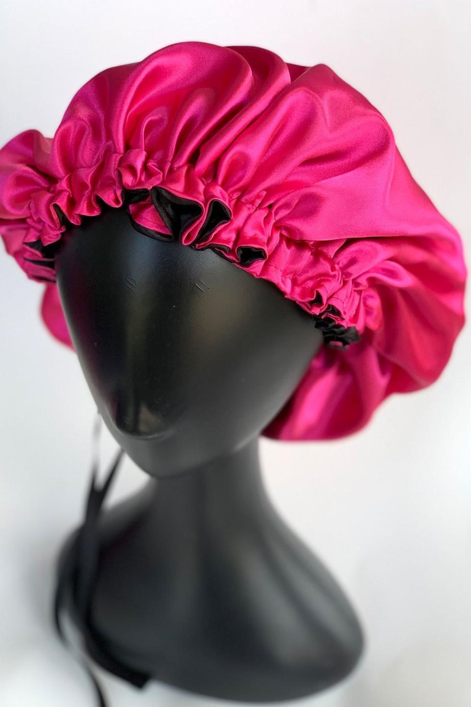 3) Silky Wraps  Reversible Big Satin Bonnet in Sparkle Pink & Black