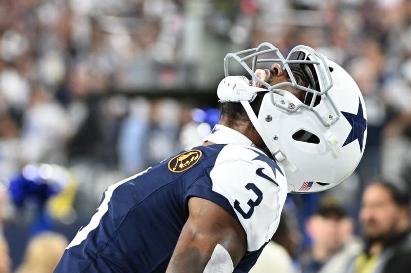 Dallas Cowboys wide receiver Brandin Cooks celebrates a 31-yard touchdown against the Washington Commanders on Thursday at AT&ampT Stadium in Arlington, Texas. Photo by Ian Halperin/UPI