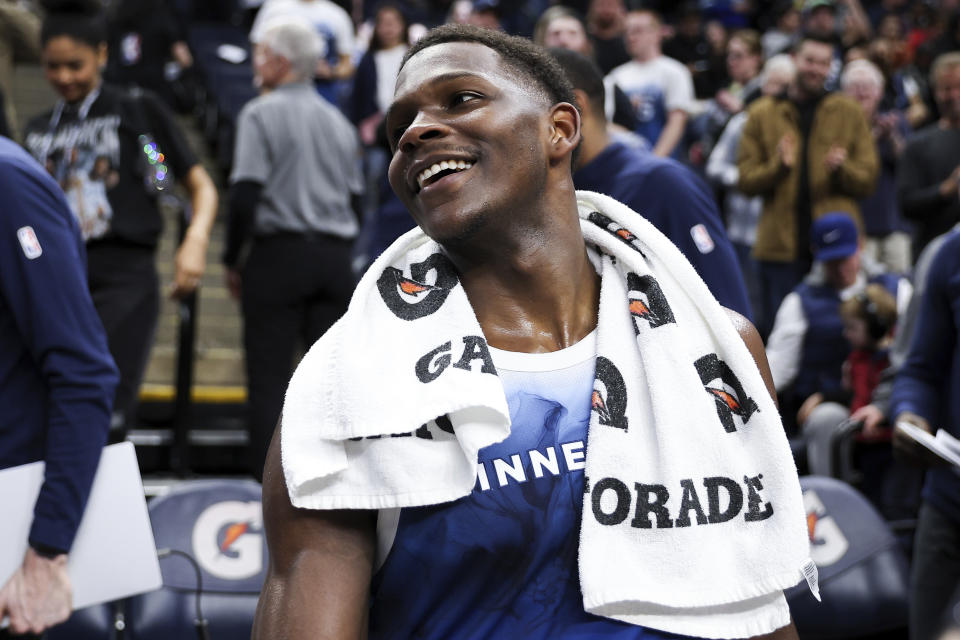 Minnesota Timberwolves guard Anthony Edwards celebrates the win against the Washington Wizards after an NBA basketball game, Tuesday, April 9, 2024, in Minneapolis. (AP Photo/Matt Krohn)