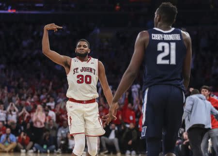 Feb 17, 2019; New York, NY, USA; St. JohnÃ•s Red Storm forward LJ Figueroa (30) celebrates after hitting a three point shot in the second half against the Villanova Wildcats at Madison Square Garden. Mandatory Credit: Wendell Cruz-USA TODAY Sports