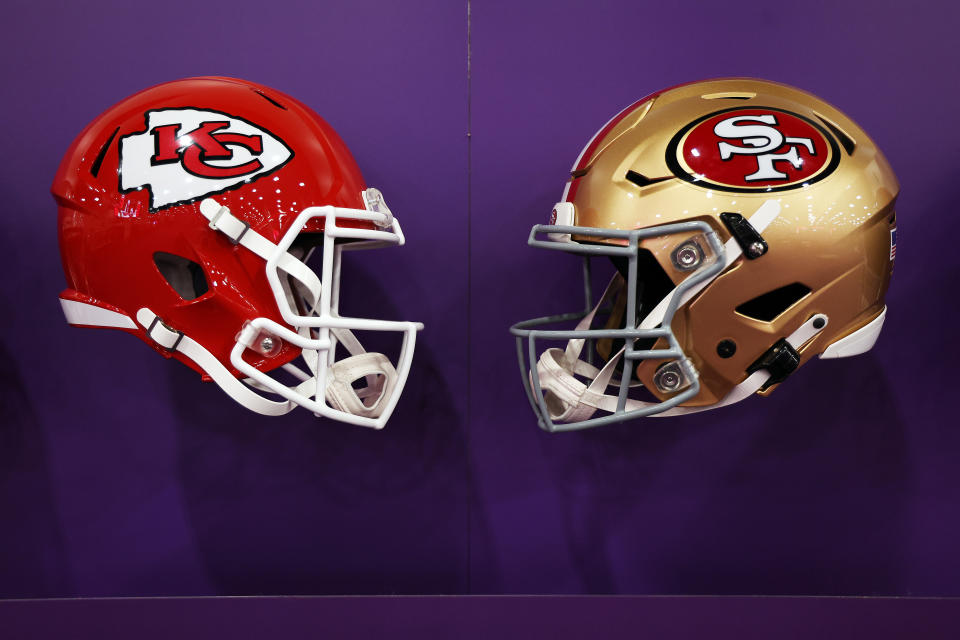 LAS VEGAS, NEVADA – FEBRUARY 06: A general view of the helmets of the Kansas City Chiefs and the San Francisco 49ers displayed in the NFL Super Bowl Experience ahead of Super Bowl LVIII (Photo by Jamie Squire/Getty Images)