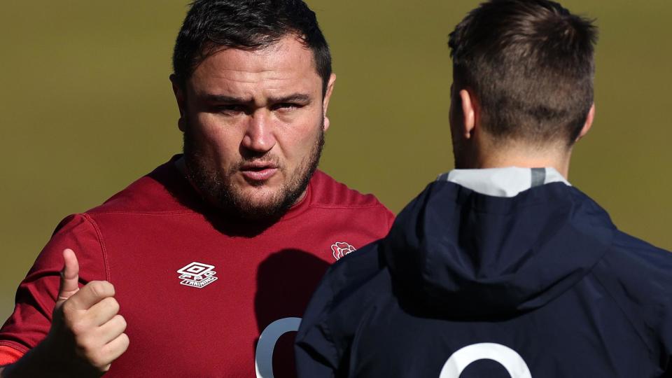 Jamie George speaks during an England training session