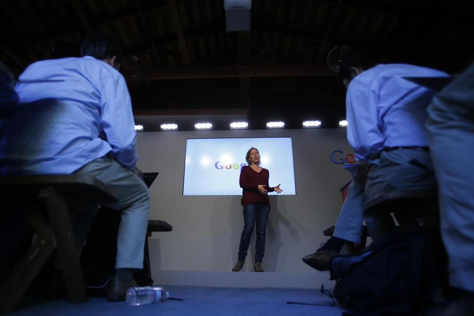 Susan Wojcicki, senior vice president of Ads and Commerce for Google, speaks at the garage where the company was founded on Google's 15th anniversary in Menlo Park, California September 26, 2013. REUTERS/Stephen Lam (UNITED STATES - Tags: SCIENCE TECHNOLOGY BUSINESS)