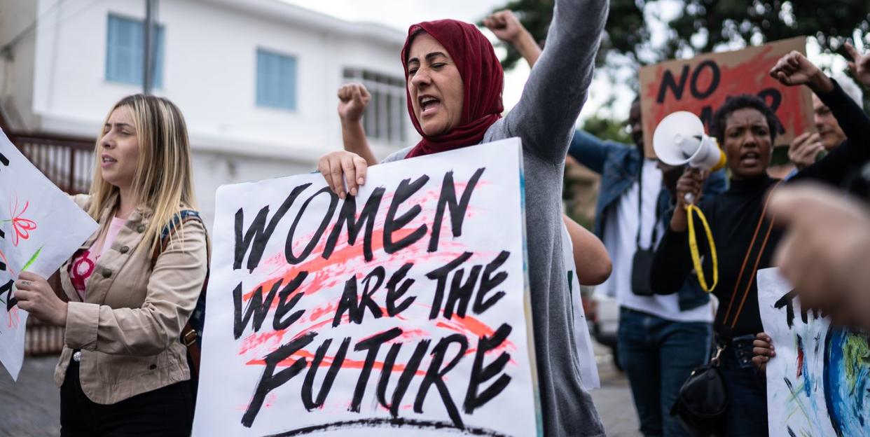 women protesting in the street