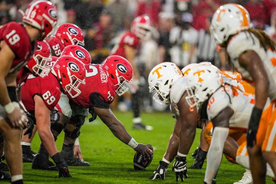Nov 5, 2022; Athens, Georgia; The Georgia Bulldogs and Tennessee Volunteers line up over the ball during the second half at Sanford Stadium. Dale Zanine-USA TODAY Sports