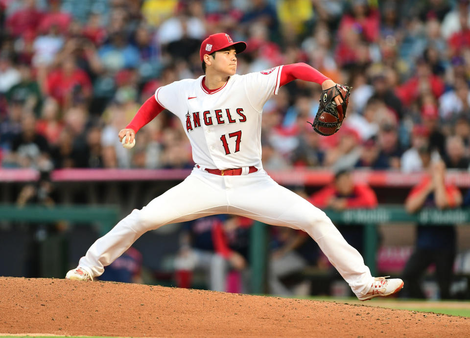 ANAHEIM, CA - JULY 06: Los Angeles Angels pitcher Shohei Ohtani (17) pitching during the sixth inning of a game against the Boston Red Sox played on July 6, 2021 at Angel Stadium in Anaheim, CA. (Photo by John Cordes/Icon Sportswire via Getty Images)