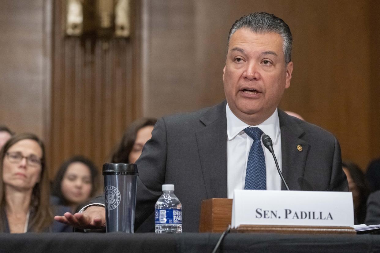 Sen. Alex Padilla, D-Calif., speaks during a Senate Health, Education, Labor and Pensions confirmation hearing for Julie Su to be the Labor Secretary, on Capitol Hill, Thursday, April 20, 2023, in Washington. (AP Photo/Alex Brandon)