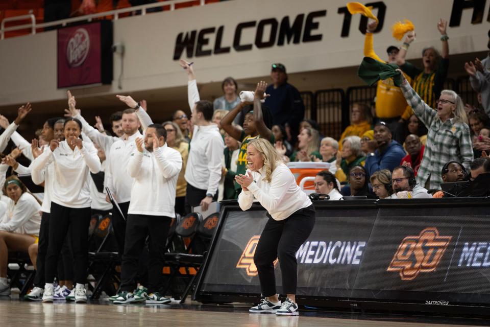 Jan 28, 2024; Stillwater, Okla, USA; Baylor Lady Bears head coach Nicki Collen celebrates on the baseline in the second half of a womenÕs NCAA basketball game against the Oklahoma State Cowgirls at Gallagher Iba Arena. Mandatory Credit: Mitch Alcala-The Oklahoman