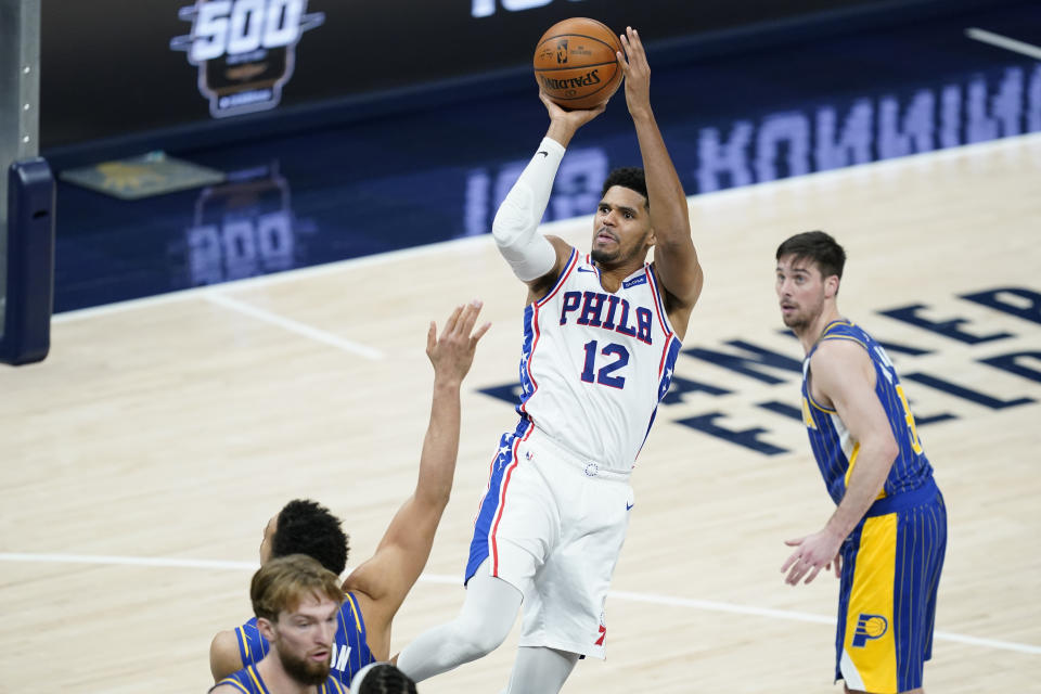 Philadelphia 76ers' Tobias Harris (12) shoots during the second half of an NBA basketball game against the Indiana Pacers, Sunday, Jan. 31, 2021, in Indianapolis. (AP Photo/Darron Cummings)