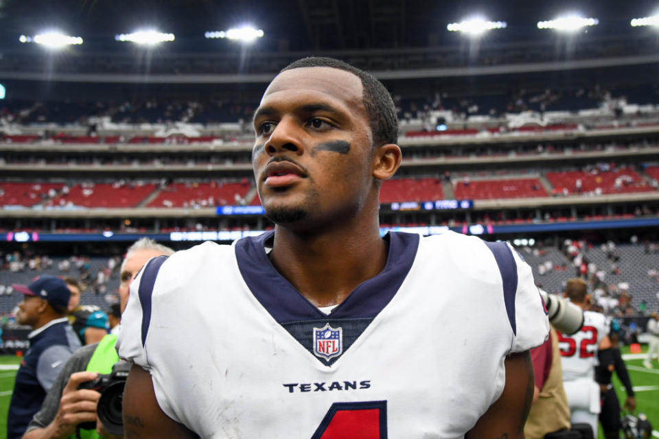 Sep 10, 2017; Houston, TX, USA; Houston Texans quarterback Deshaun Watson (4) reacts after the game against the Jacksonville Jaguars at NRG Stadium. Mandatory Credit: Shanna Lockwood-USA TODAY Sports