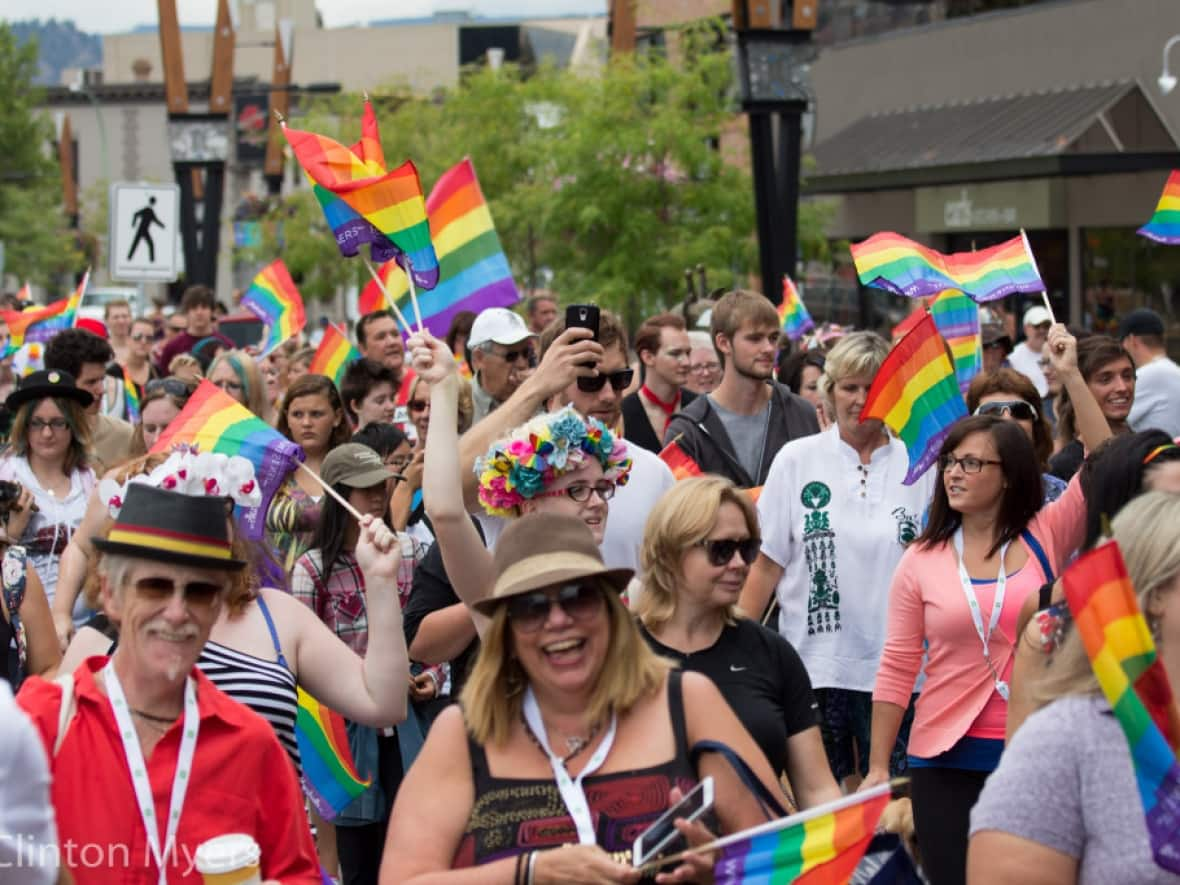 People celebrate at the Pride parade in Kelowna, B.C., in 2015.  (Clinton Myers/Facebook - image credit)