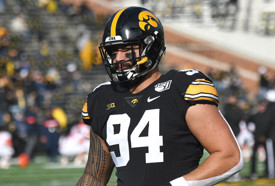 Iowa EDGE A.J. Epenesa finished the 2019 season on a tear but still has some questions to answer at the NFL combine. (Photo by Keith Gillett/Icon Sportswire via Getty Images)