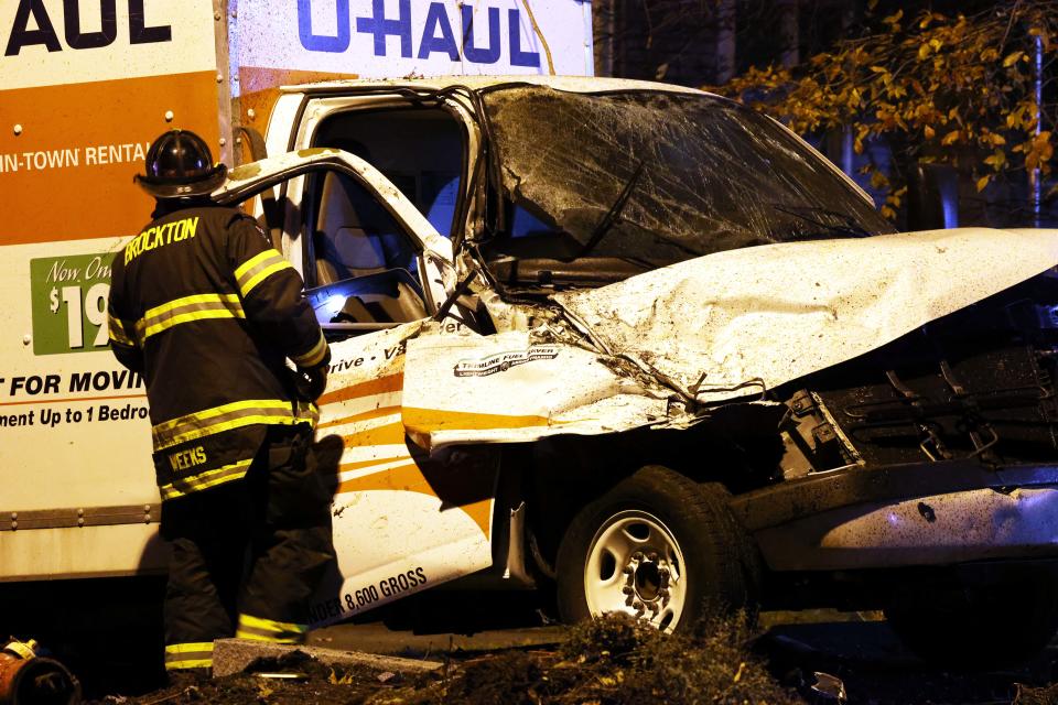 This parked U-Haul truck on Centre Street in Brockton sustained extensive damage after the driver of another vehicle slammed into it and later died on Wednesday, Nov. 17, 2021.