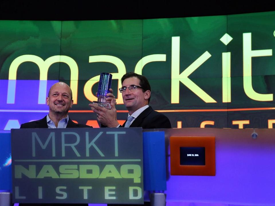  Markit chief executive Lance Uggla, left, with Robert Greifeld, chief executive of the Nasdaq, at the NASDAQ MarketSite in Times Square during the launch of the initial public offering for Markit in New York City, 2014.