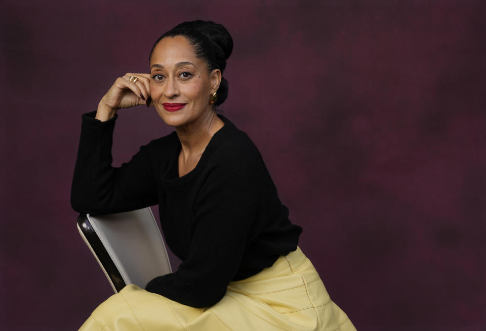 Tracee Ellis Ross, a cast member in the film "Candy Cane Lane," poses for a portrait at the Four Seasons Hotel, Wednesday, Nov. 29, 2023, in Los Angeles. (AP Photo/Chris Pizzello)